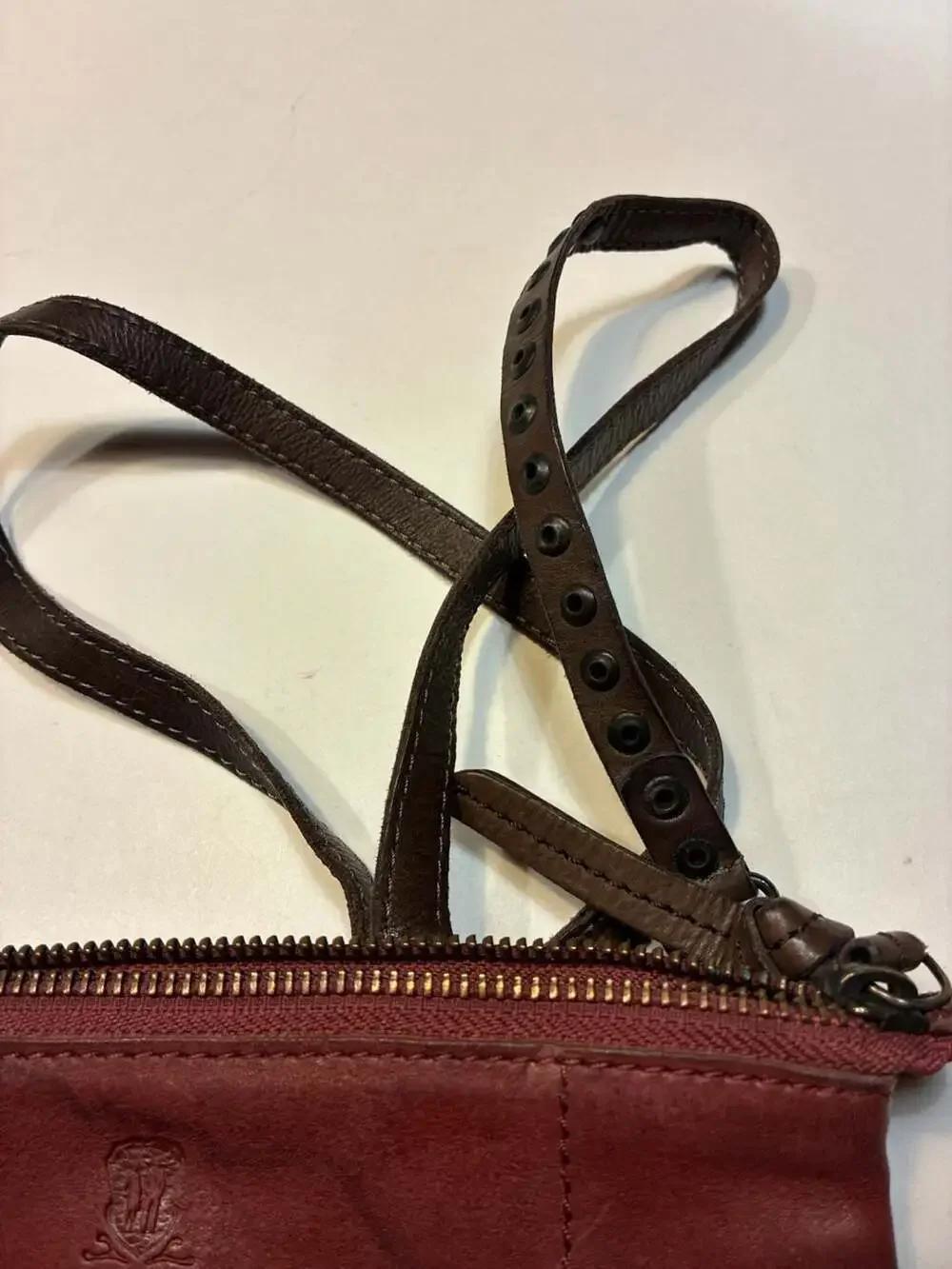 Aunts & Uncles Maroon Leather Small Crossbody Bag with Studded Strap